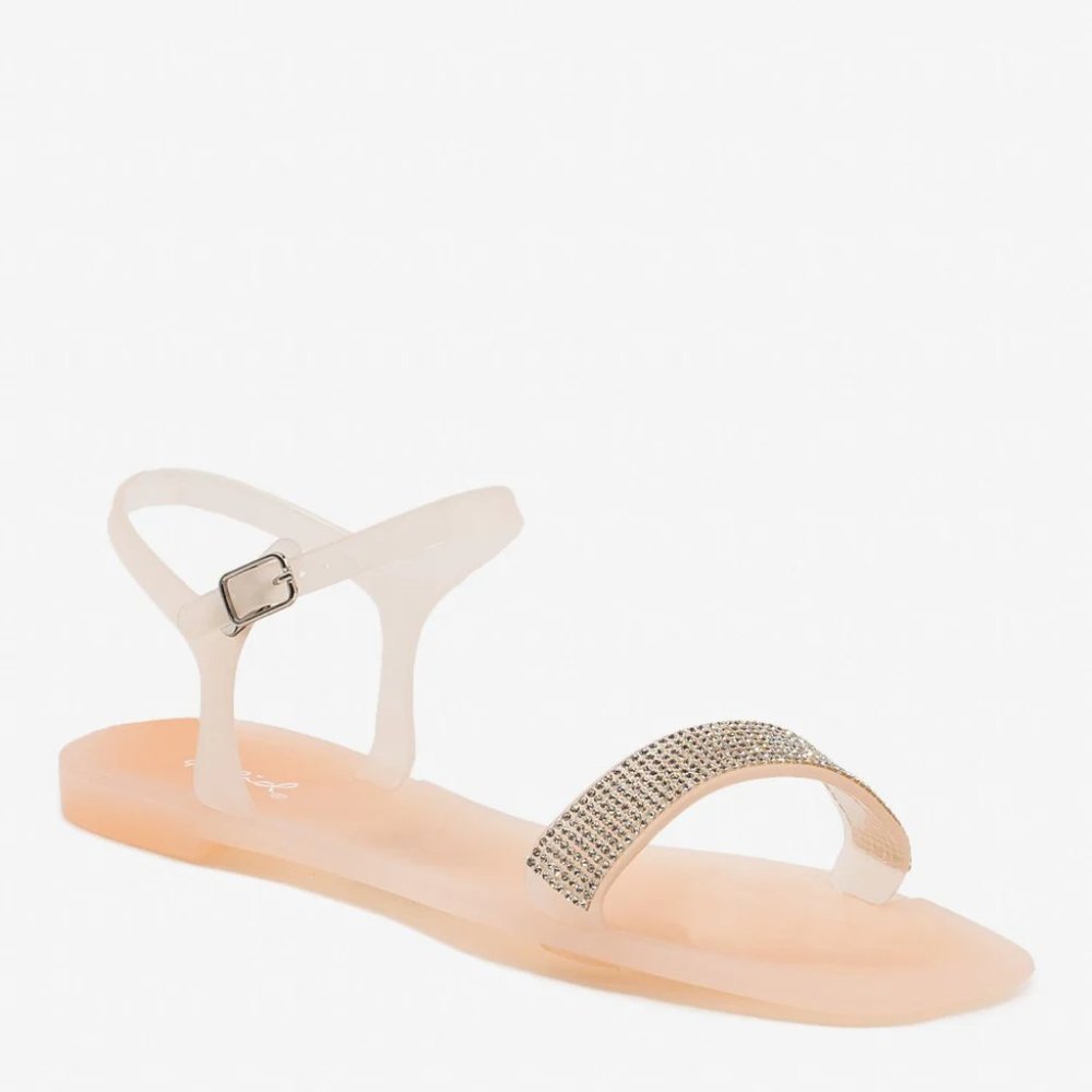 Qupid Women Shiny Rhinestone Bedazzled Jelly Ankle Strap Sandals - Nude -